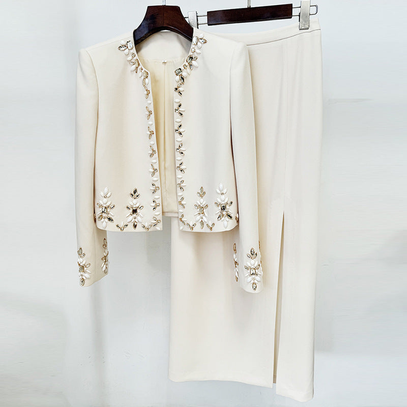 A Heavy Industry Beaded Cardigan Jacket Split Skirt Set, Two-piece Set