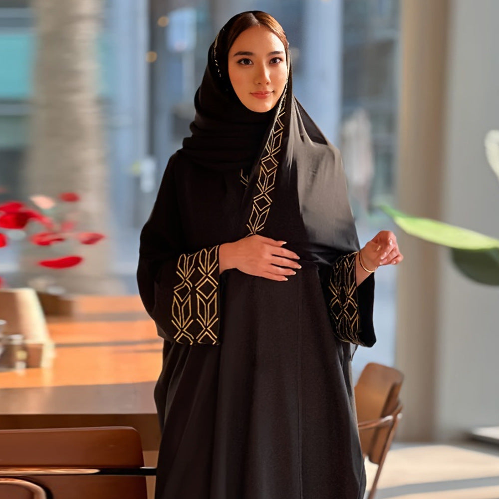 New women's Muslim clothing temperament elegant cardigan robe bat sleeve gold thread embroidered headscarf - Mixbatch