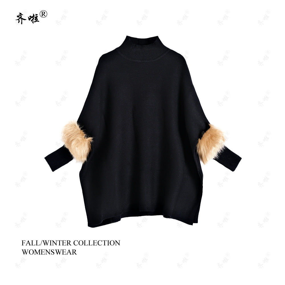 A turtleneck pullover cape knitted sweater simulation fur fur sleeve sweater large size bottoming shirt jacket women