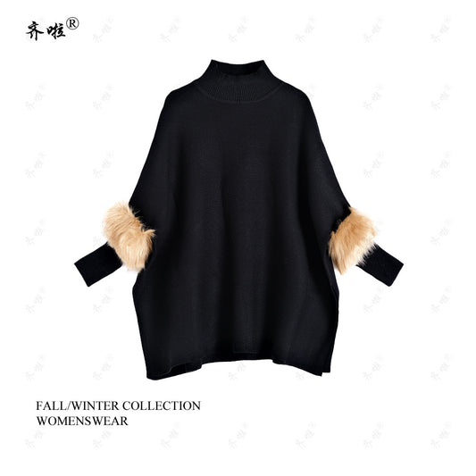 A turtleneck pullover cape knitted sweater simulation fur fur sleeve sweater large size bottoming shirt jacket women