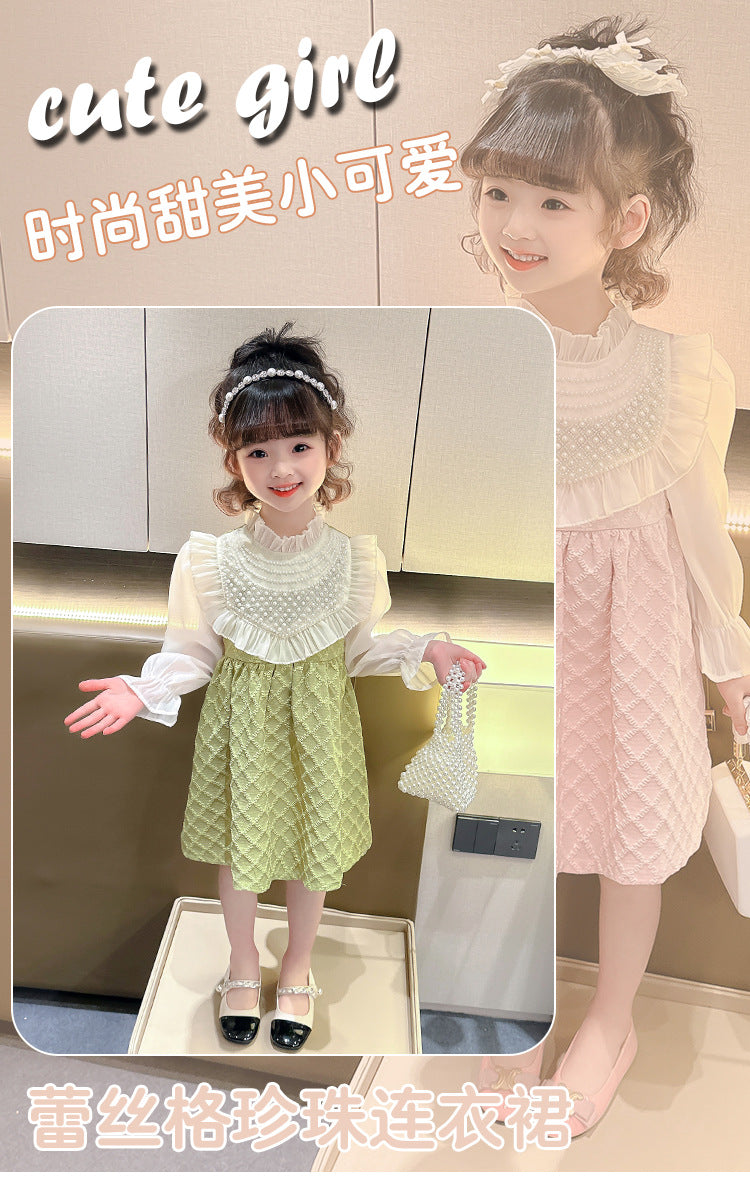 A girls lace pearl dress spring and autumn new girl baby foreign fashion princess dress small and medium children's clothing