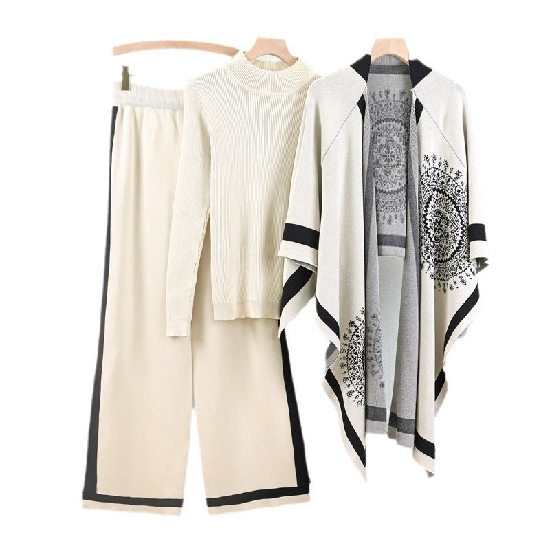 A long-sleeved knitted sweater + shawl + pants three-piece set