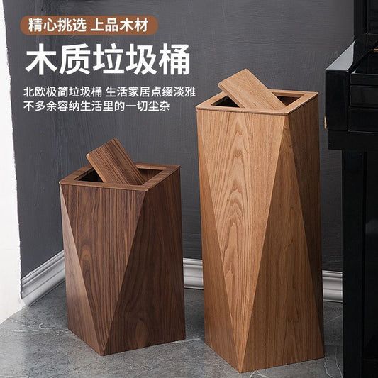 A wooden trash can