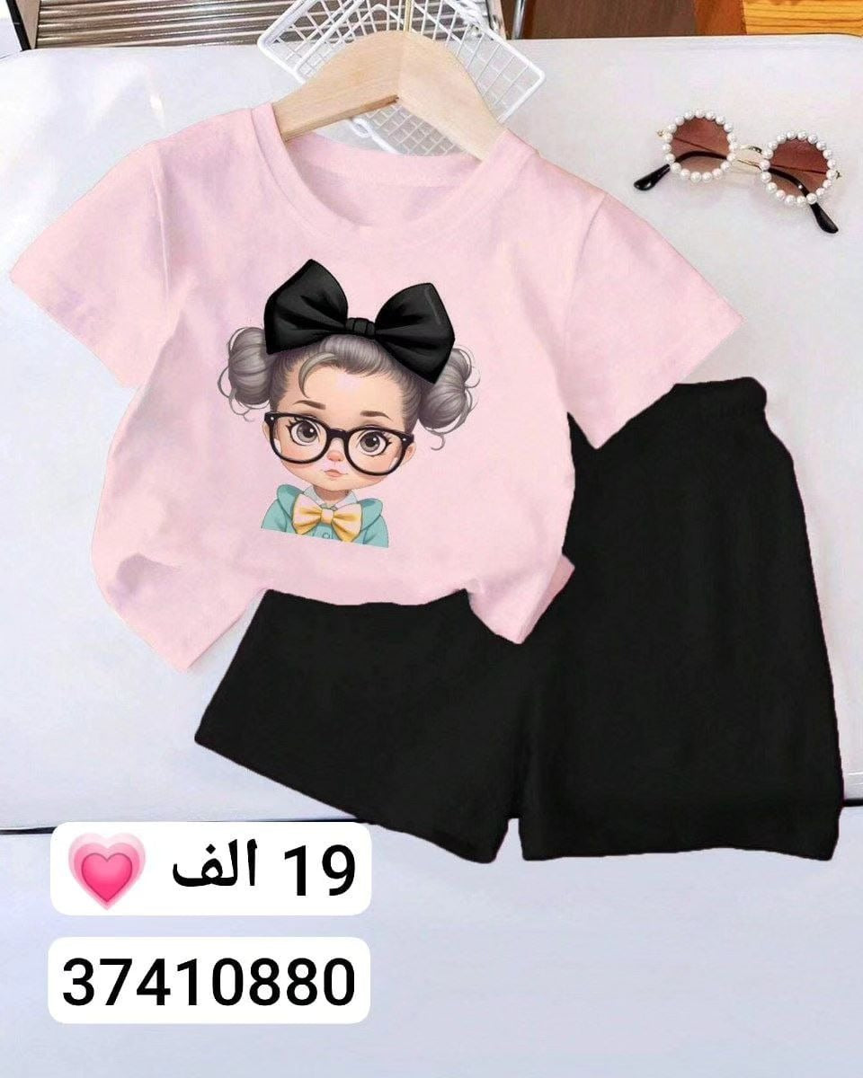 A Children's cute cartoon pattern printing set boys and girls short-sleeved T-shirt + shorts