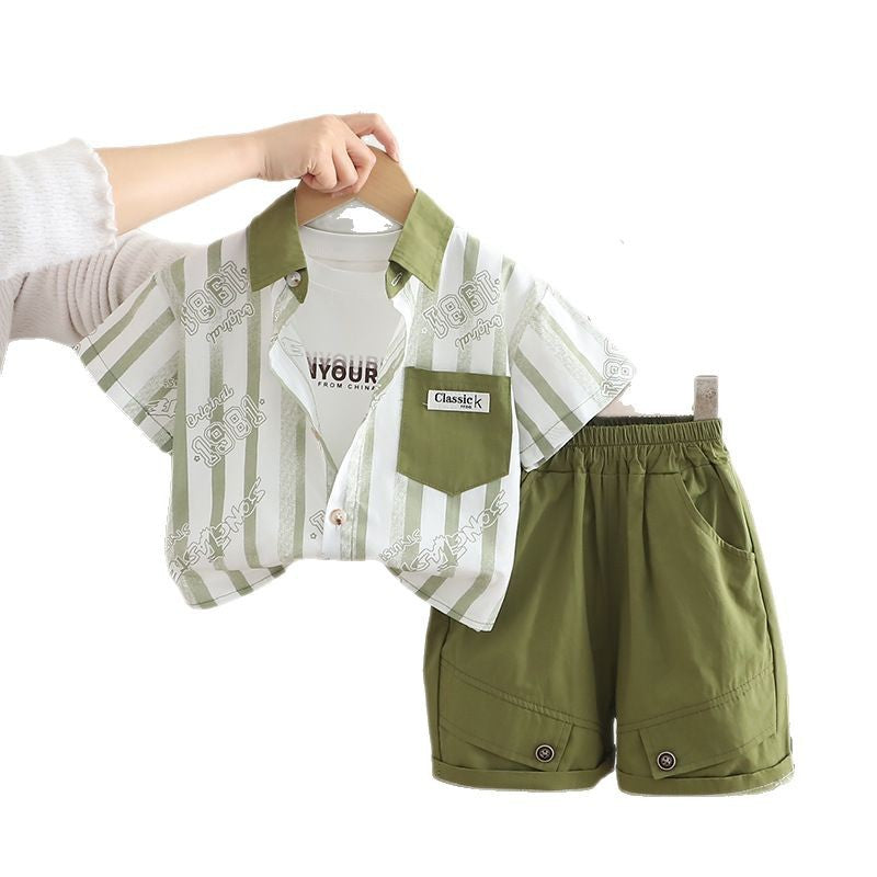 A summer boys three-piece set new baby boy foreign clothes thin striped shirt short-sleeved set medium and small children's tide