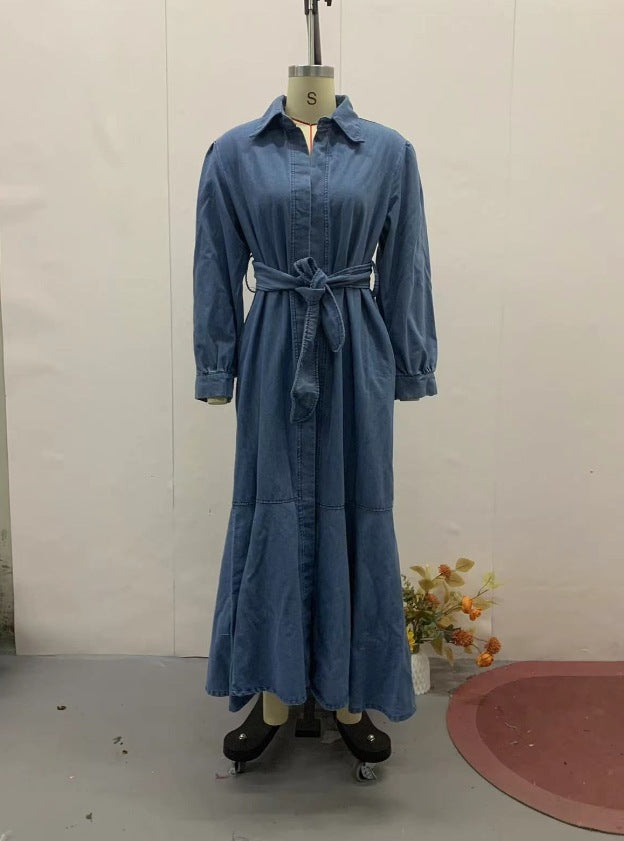 A autumn new European, American Amazon cross-border women's clothing solid color zipper model lace-up waist denim dress