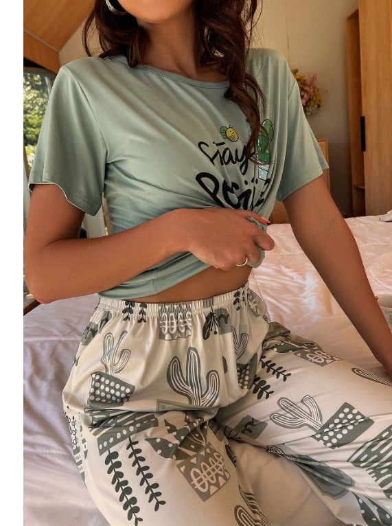 A Cross-border Amazon European and American summer pajamas women's short-sleeved T-shirt five-point pants milk silk flower loungewear women's suit - Mixbatch