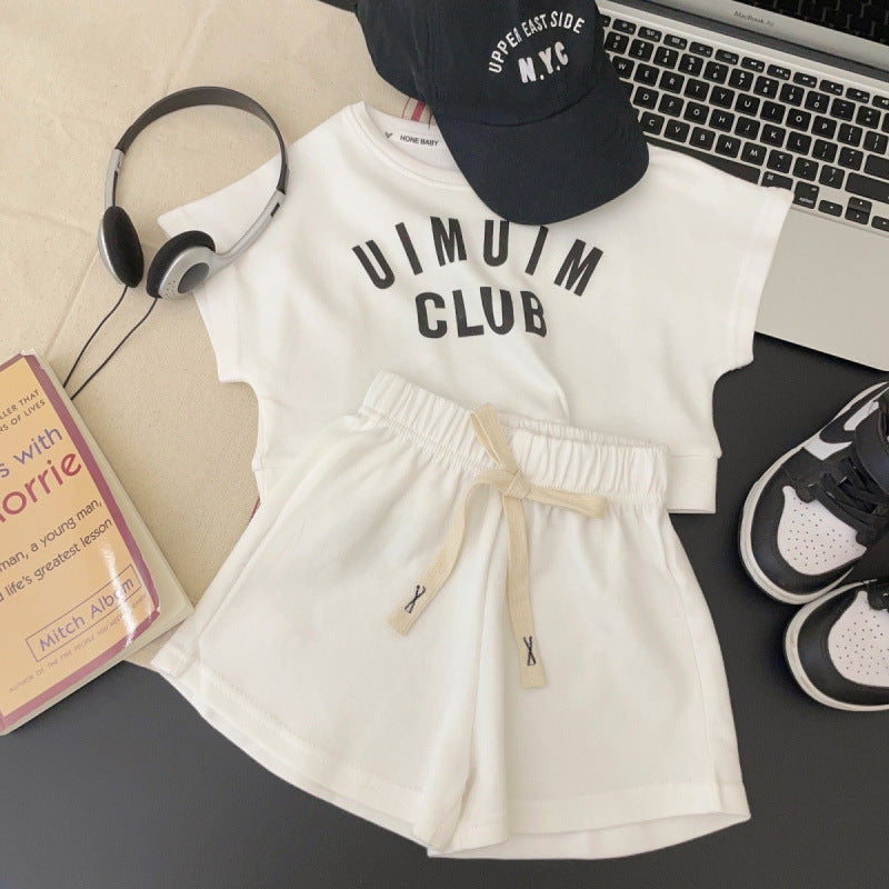 A summer new Korean version girls summer suit children's cotton letters medium and large children's foreign style two-piece set