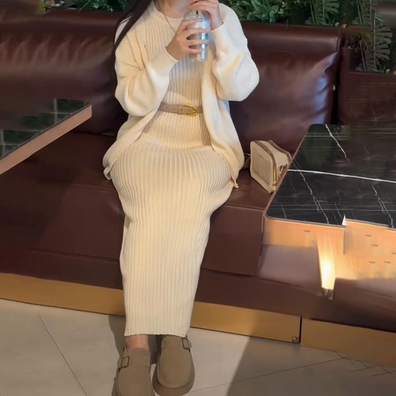 A knitted jacket skirt set with belt