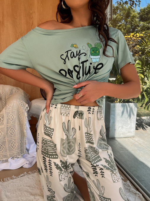 A Cross-border Amazon European and American summer pajamas women's short-sleeved T-shirt five-point pants milk silk flower loungewear women's suit - Mixbatch