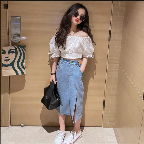 A new summer girls fashionable suit children's Internet celebrity big children's foreign style off-the-shoulder doll shirt + denim skirt