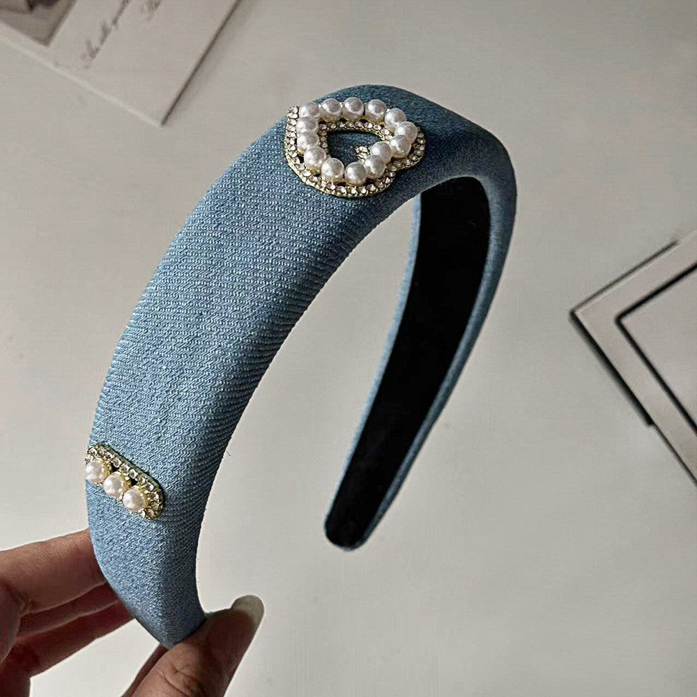 A Denim Blue High Cranium Headband Spring and Summer Daily Out Temperament Hair Accessories Premium Sense Wide Edge Headband
