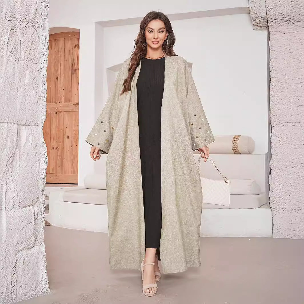 New heart-shaped embroidered Middle Eastern Muslim long dress fashionable and elegant cardigan imitation hemp two-color dress robe - Mixbatch