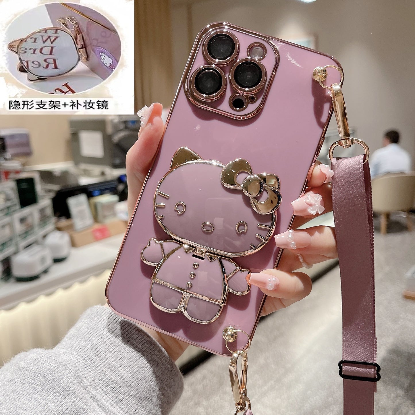 A makeup mirror crossbody rope mobile phone case