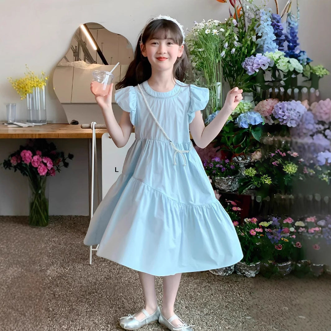 A girls summer Korean bubble sleeve dress new children's foreign style sweet solid color princess dress tide cross-border