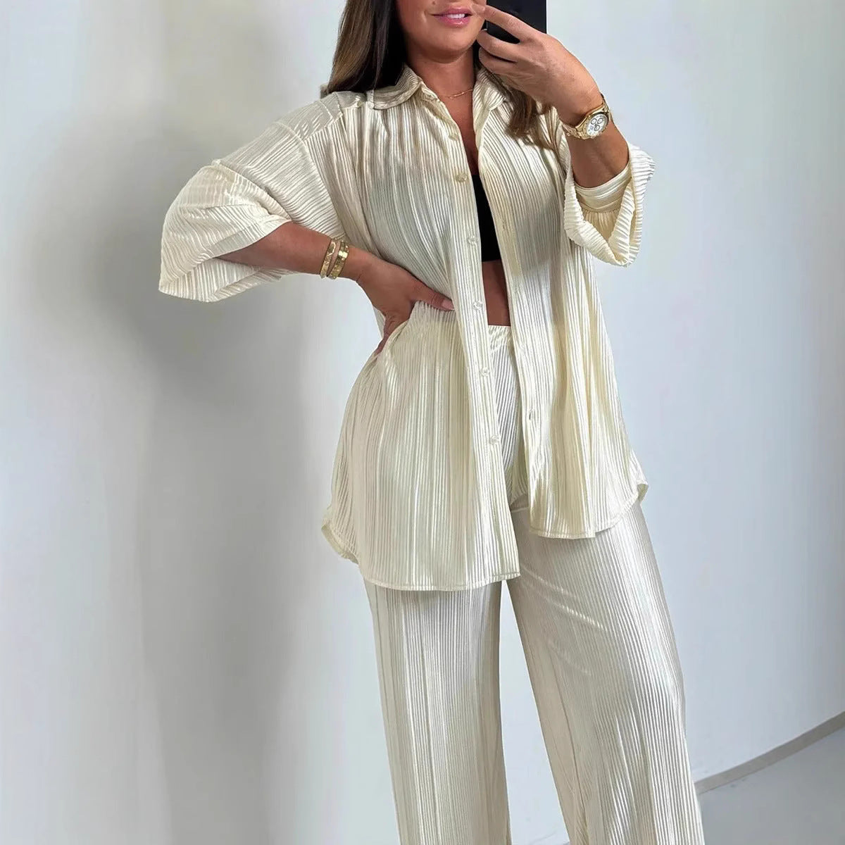 A European and American fashion women's clothing independent station lapel breasted loose long-sleeved pleated cardigan top trousers two-piece set