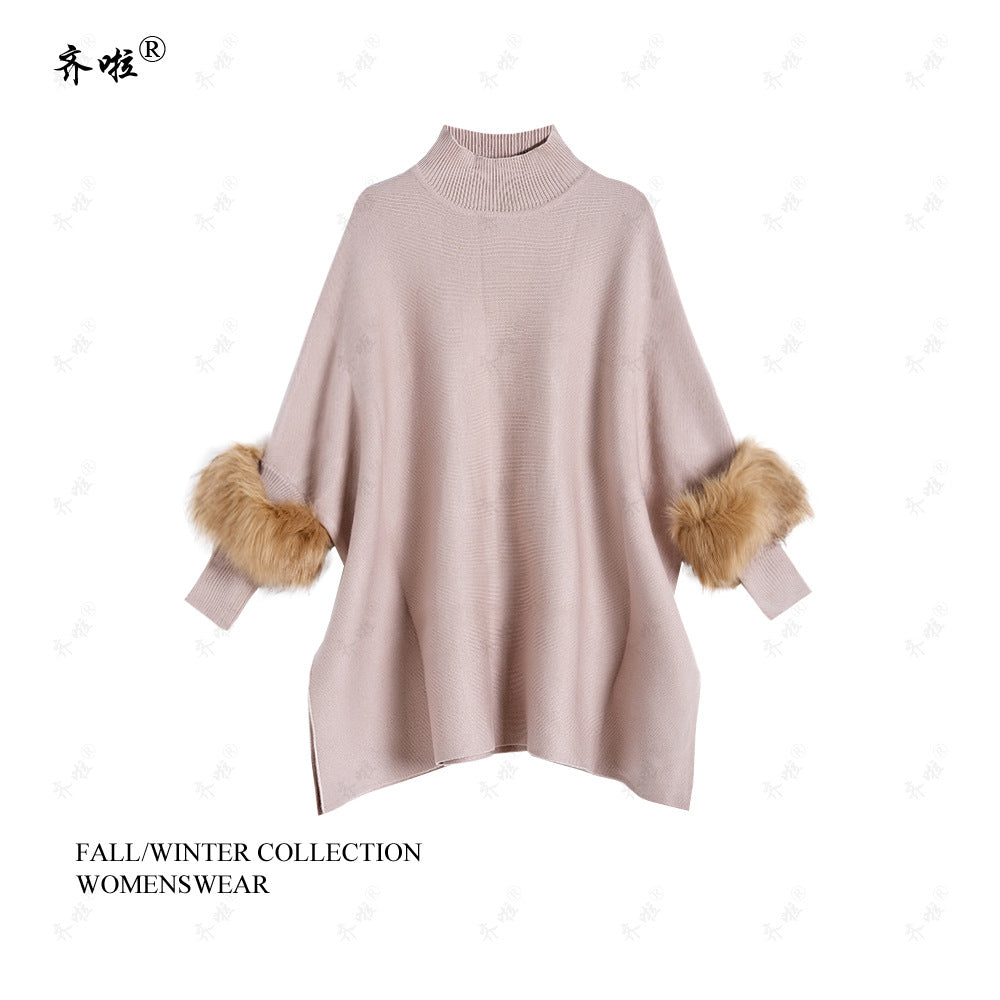 A turtleneck pullover cape knitted sweater simulation fur fur sleeve sweater large size bottoming shirt jacket women