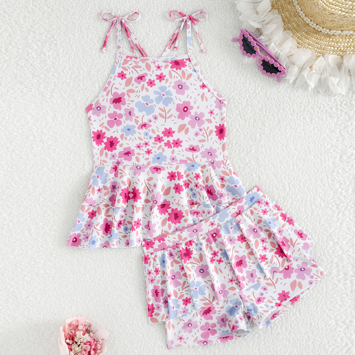 A European and American children's swimsuit girls split swimsuit printed lotus leaf edge skirt swimsuit 3Y-11Y adjustable shoulder strap swimsuit - Mixbatch