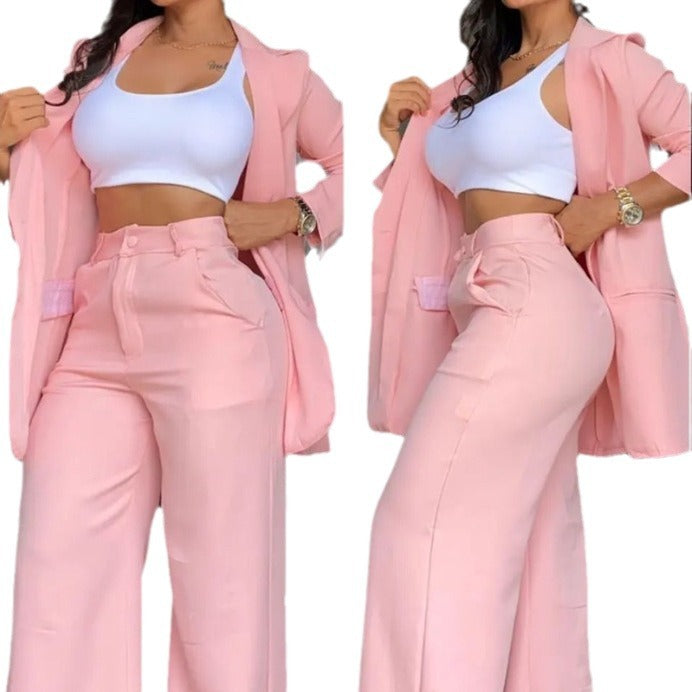 A women's temperament elegant solid color split sleeve lapel suit pocket straight pants suit