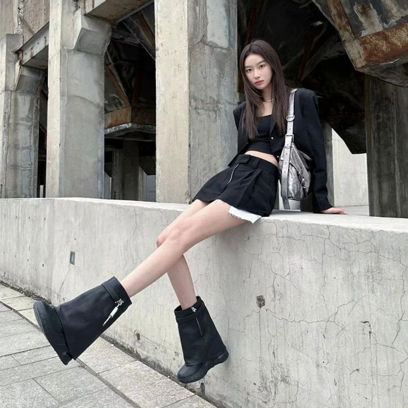 A inner height-increasing short boots for women, thick-soled metal lock trouser tube boots for women