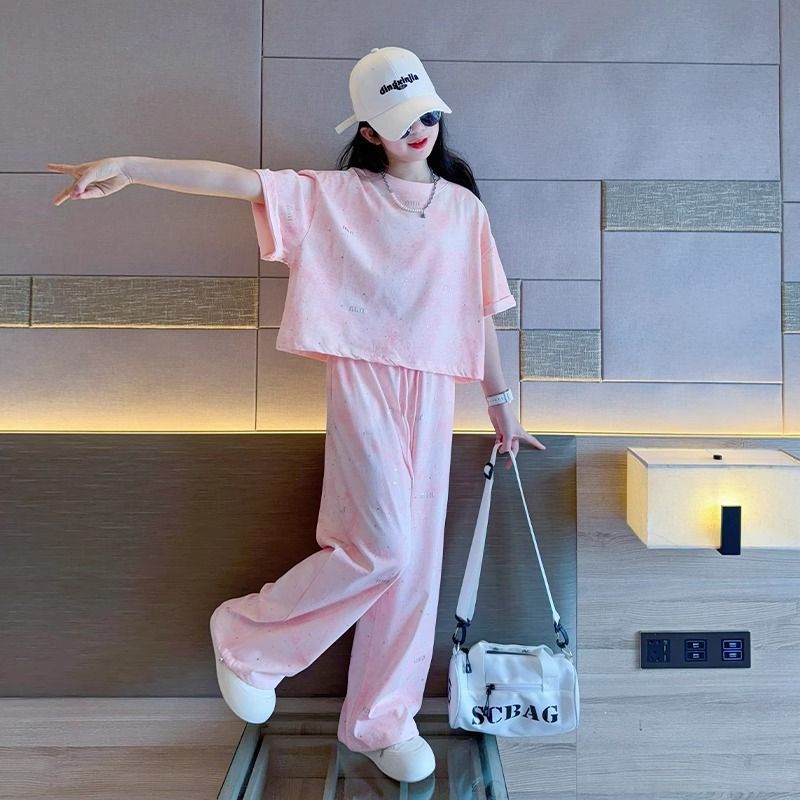 A girls' suit summer new middle-aged and older children's girls' summer wear short-sleeved t-shirt and trousers casual two-piece set foreign trade