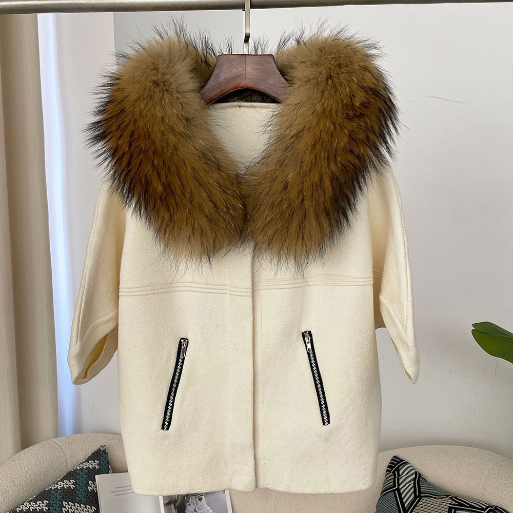 A autumn and winter new women's short knitted sweater real fox fur collar fashion bat sleeve cardigan jacket Korean version loose