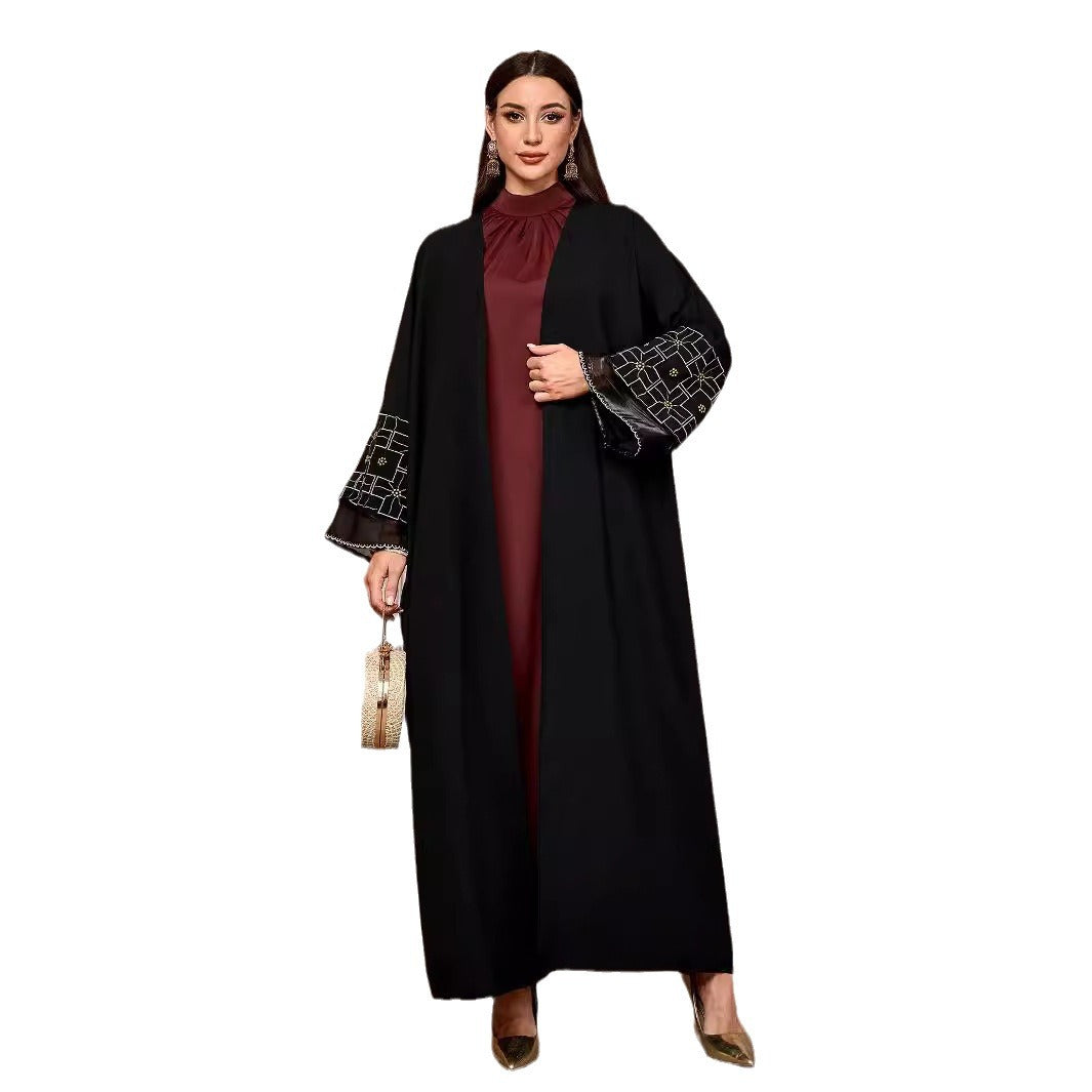 Elegant Middle Eastern Muslim Fashion Cardigan Dubai Arabian Robe Bat Sleeve Gold Thread Embroidery - Mixbatch