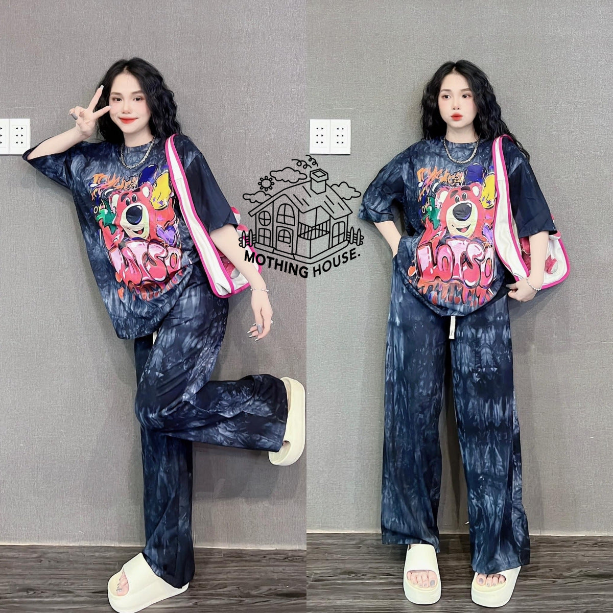A tie-dye fashion suit women's summer loose cartoon print short-sleeved wide-leg pants casual two-piece set trendy