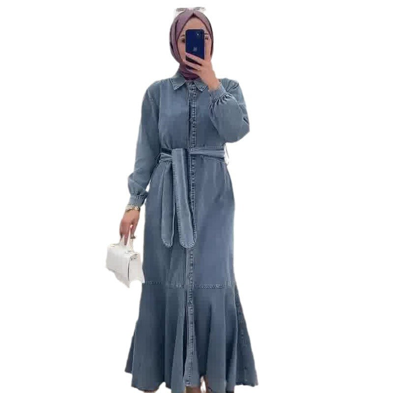 A autumn new European, American Amazon cross-border women's clothing solid color zipper model lace-up waist denim dress