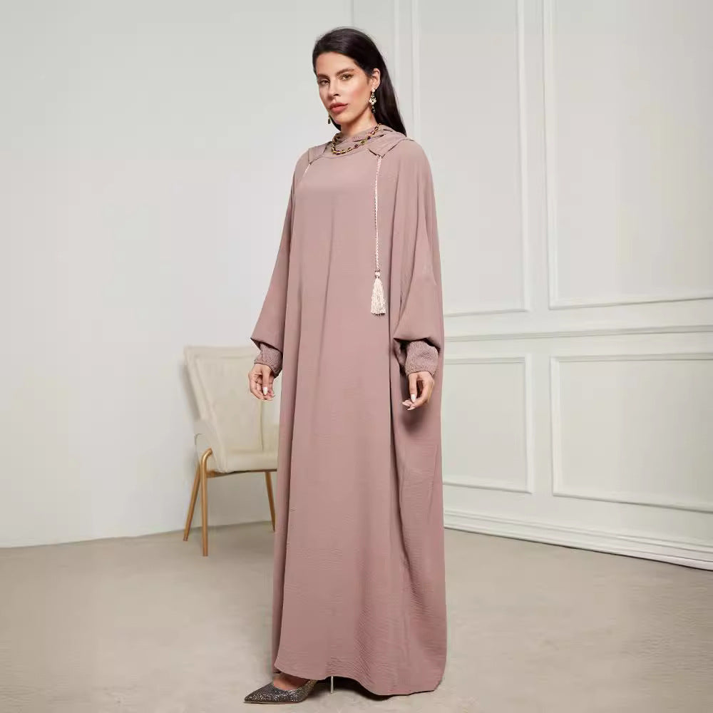 Cross-border new Muslim Middle East Arabian hooded hijab long dress rope fashion elegant dress robe - Mixbatch