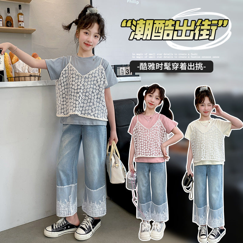 A girls summer suit, new children's foreign style lace short-sleeved top, older children's fashionable jeans two-piece set