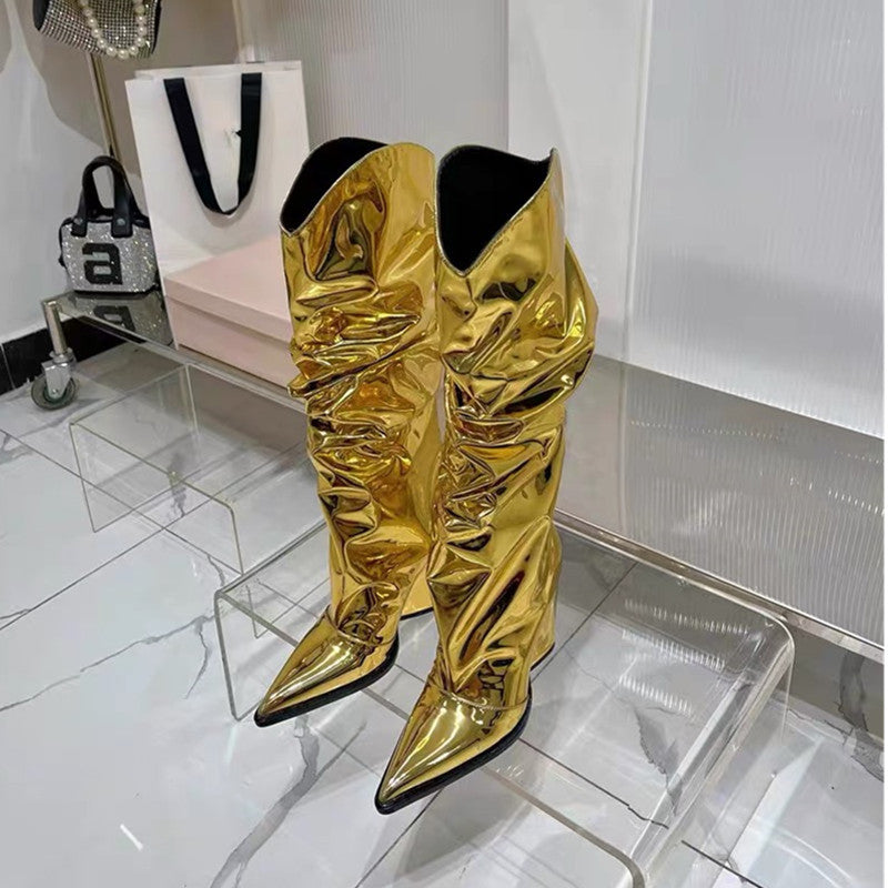 A European and American new thick heel pointed gold silver magic laser glossy pleated foreign trade cross-border large size long women's boots