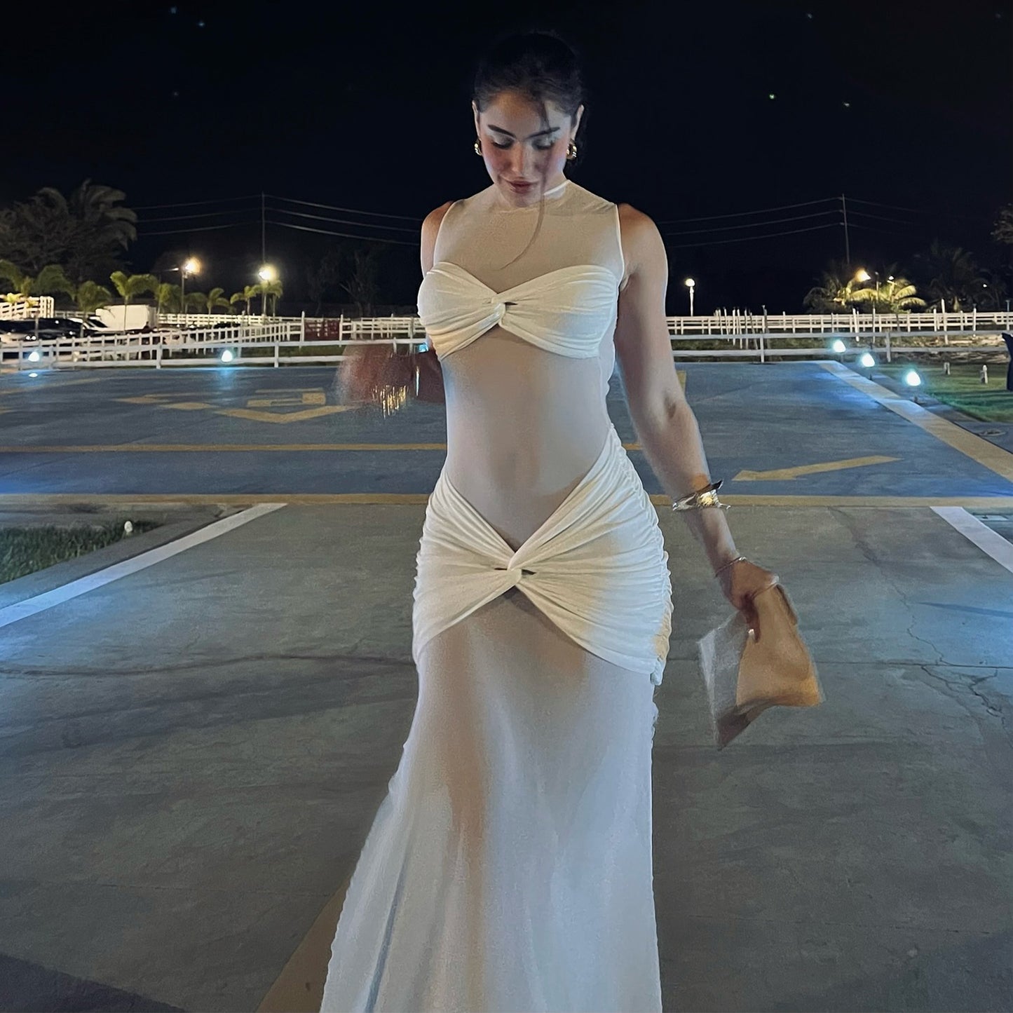 D098DS European and American cross-border 2025 spring new evening dress perspective mesh sexy solid color hip-wrapped women's jumpsuit - Mixbatch