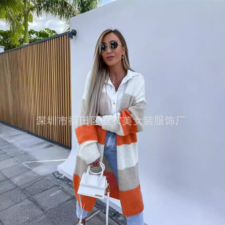 A multi-colored striped sweater loose long knitted cardigan jacket