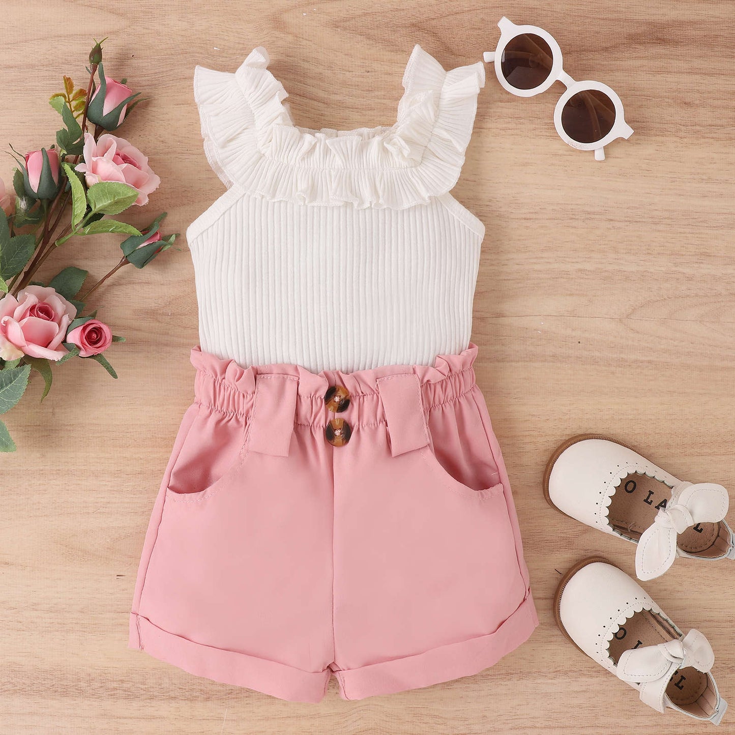A Tengxin Children's Clothing Amazon Spring/Summer Small and Medium Children's Wooden Ear Tank Top Sleeveless Top Solid Color Shorts Girls' Set - Mixbatch