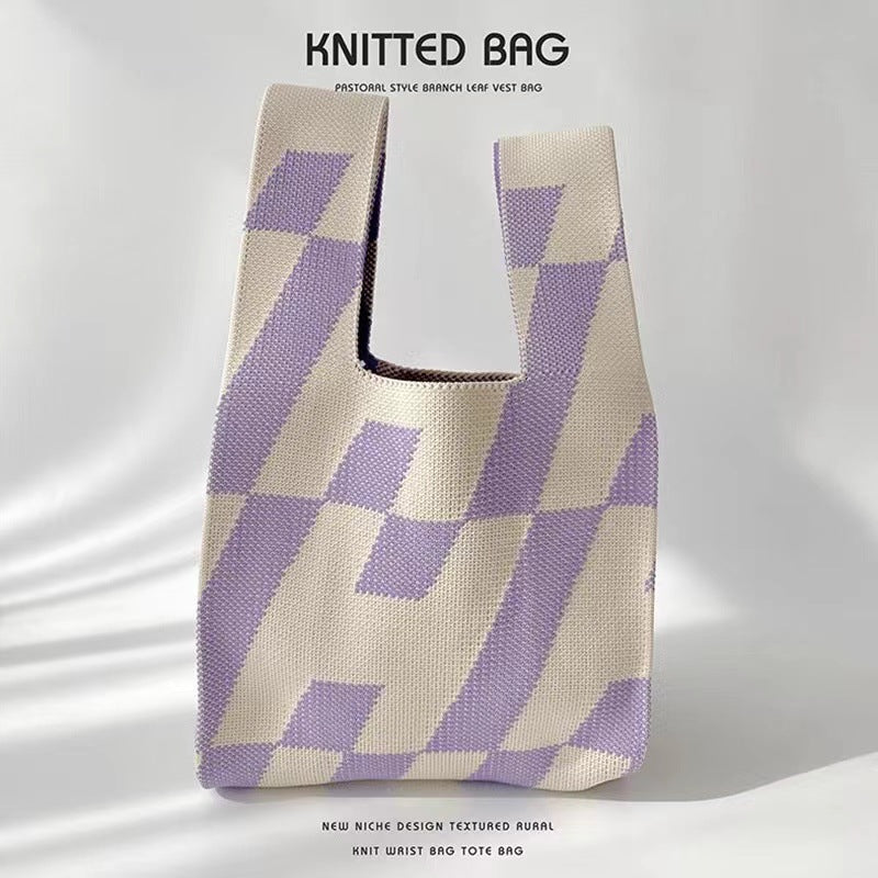 A Internet celebrity handbag women's knitted wool bucket bag Japanese and Korean version versatile hand carry casual tote bag box lunch bag y