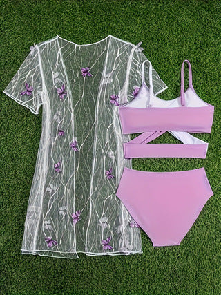 A mesh bikini three-piece swimsuit for girls - Mixbatch