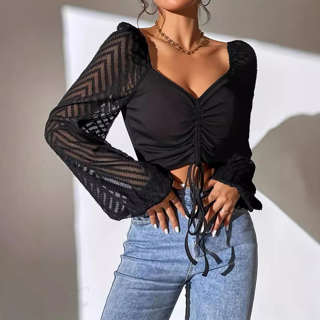 Spice Girl Chest Lace-Up Lantern Sleeve Crop Top - Mixbatch