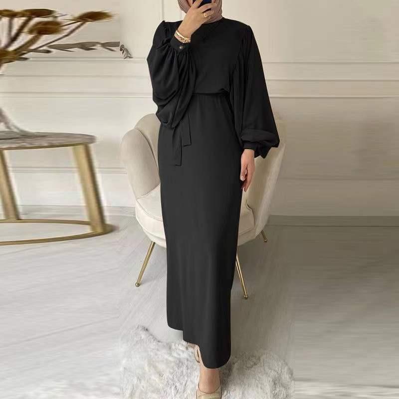 Muslim Women's Autumn and Winter South East Asia Fashion Lantern Sleeve Waist Hip Wrap Crew Neck Long Sleeve Women's Dress - Mixbatch