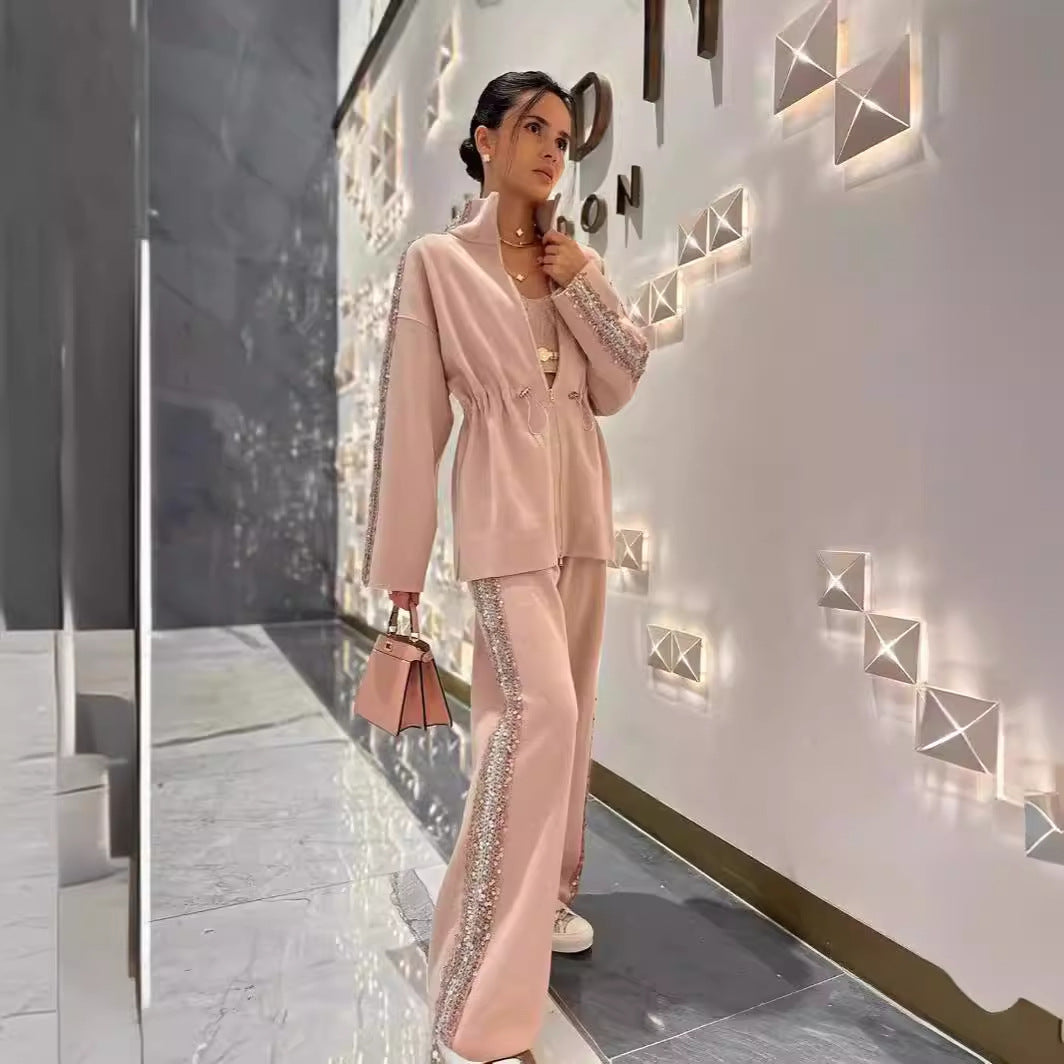 A Fashion Drawstring Waist Top Wide Leg Pants Two-piece Set