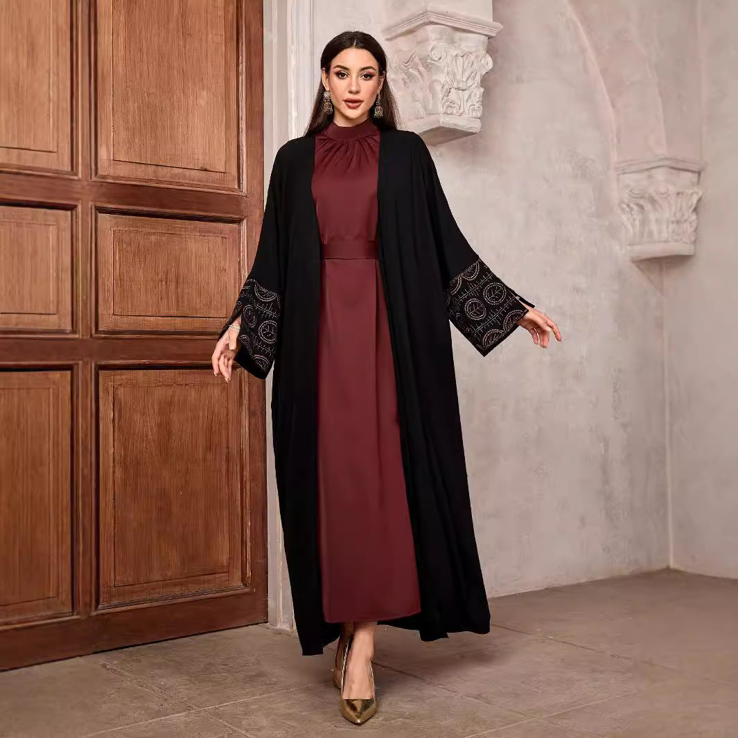 Middle Eastern Muslim Fashion Temperament Elegant Embroidered Cardigan Dubai Arabian Robe Bat Sleeve Split Black - Mixbatch