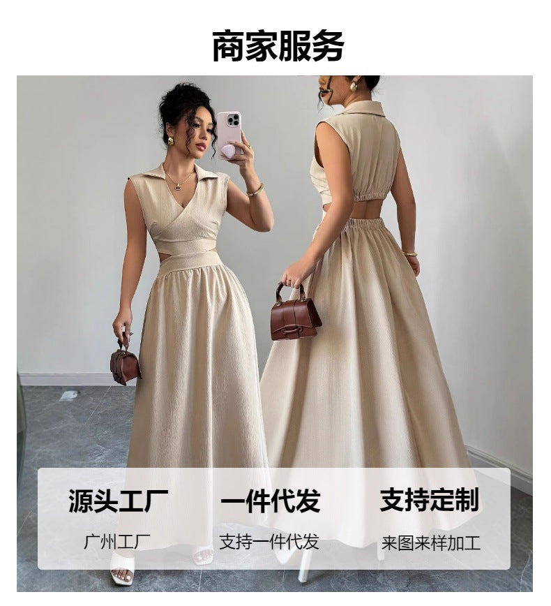 A sleeveless V-neck dress