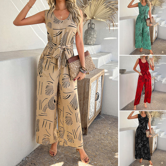 Diyun cross-border Europe, America 2025 spring and summer leisure vacation style cotton printing high waist pocket one-piece trousers women's clothing - Mixbatch