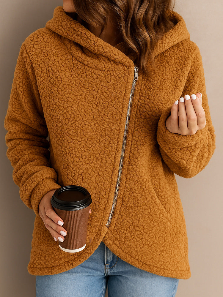 A long-sleeved zip-up hooded jacket