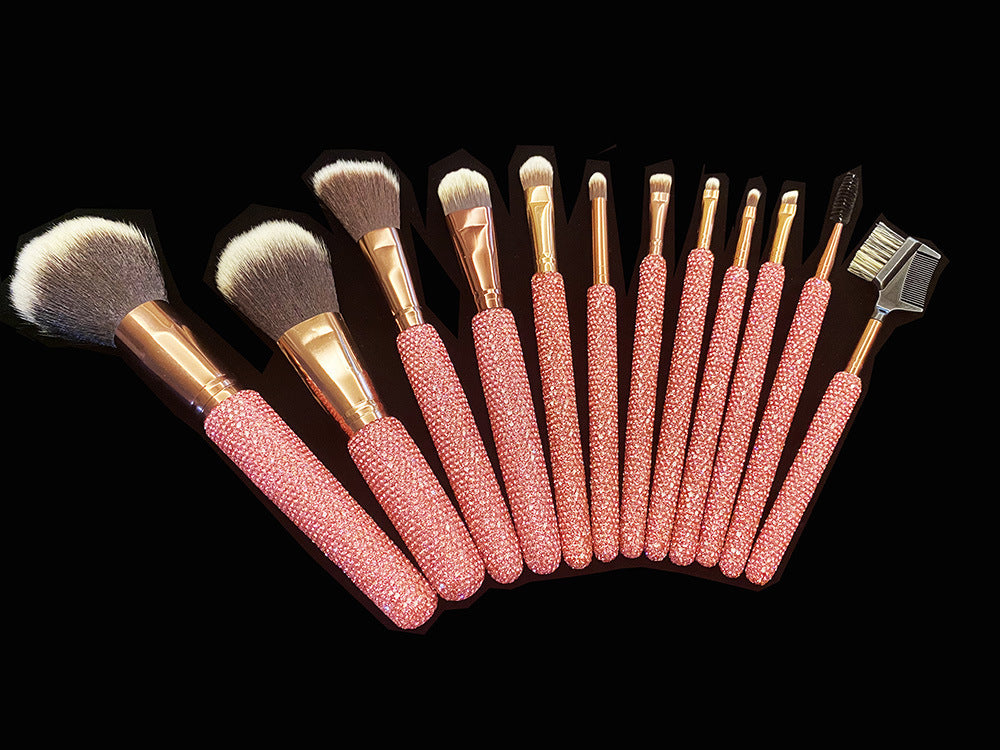 A High-grade diamond-encrusted makeup brush 12-piece set Factory direct sales diamond makeup tool set Loose powder blush makeup brush - Mixbatch