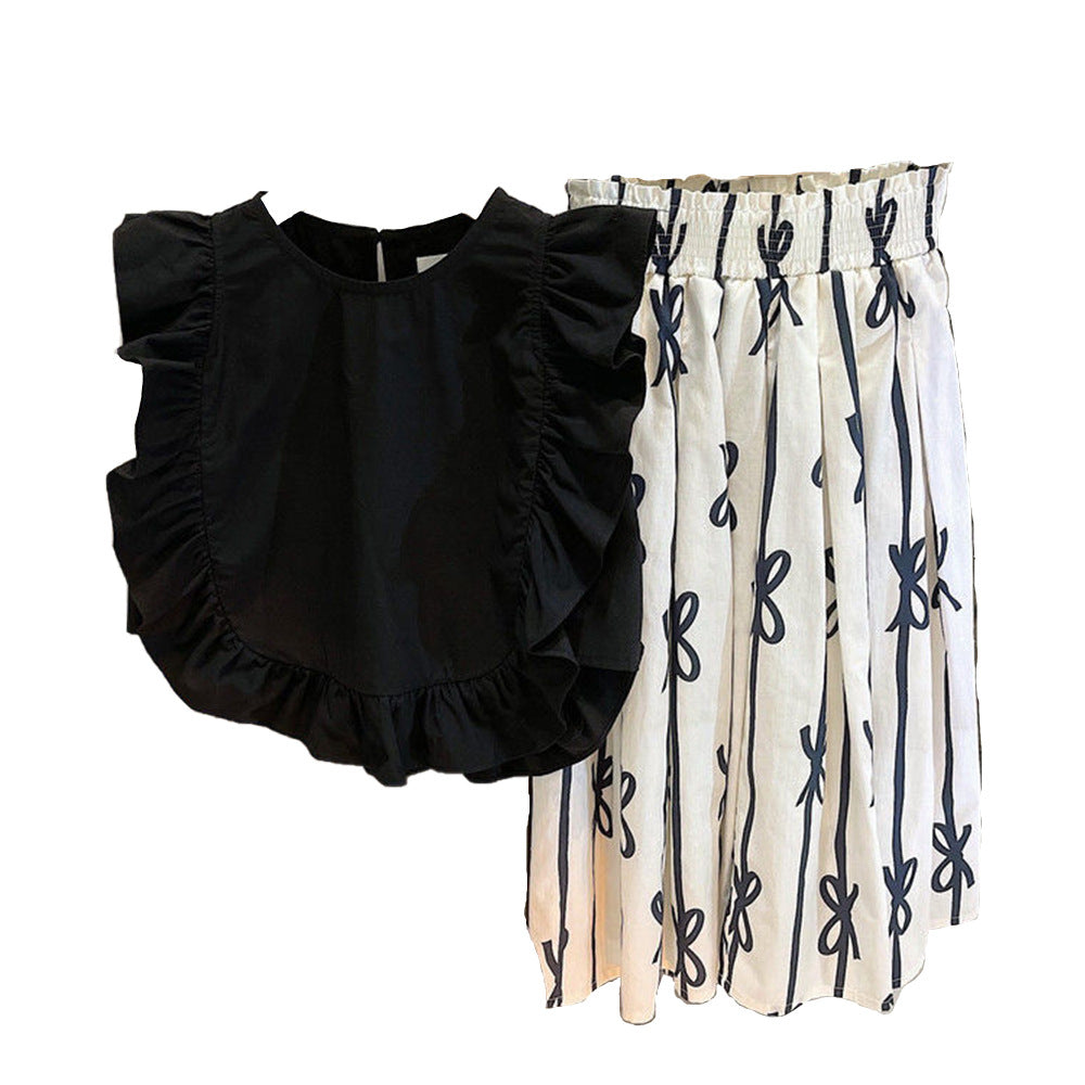 A Korean version of the girl doll shirt summer new sweet retro Hepburn style flying sleeve elegant simple long skirt set