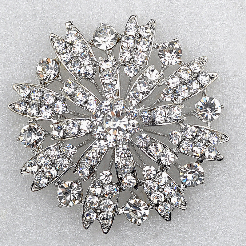 A European and American round rhinestone corsage, bridal brooch, retro high-end simple full diamond pin wedding dress with accessories - Mixbatch