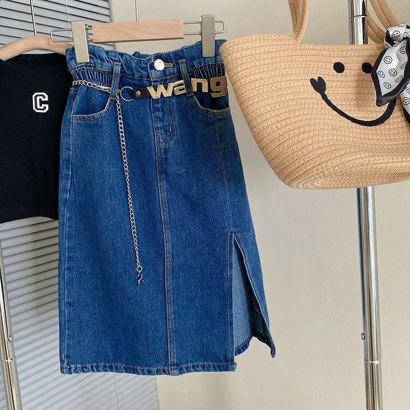 A girls' suit spring and autumn new girls' Korean version embroidered letter T-shirt top denim skirt knitted suit