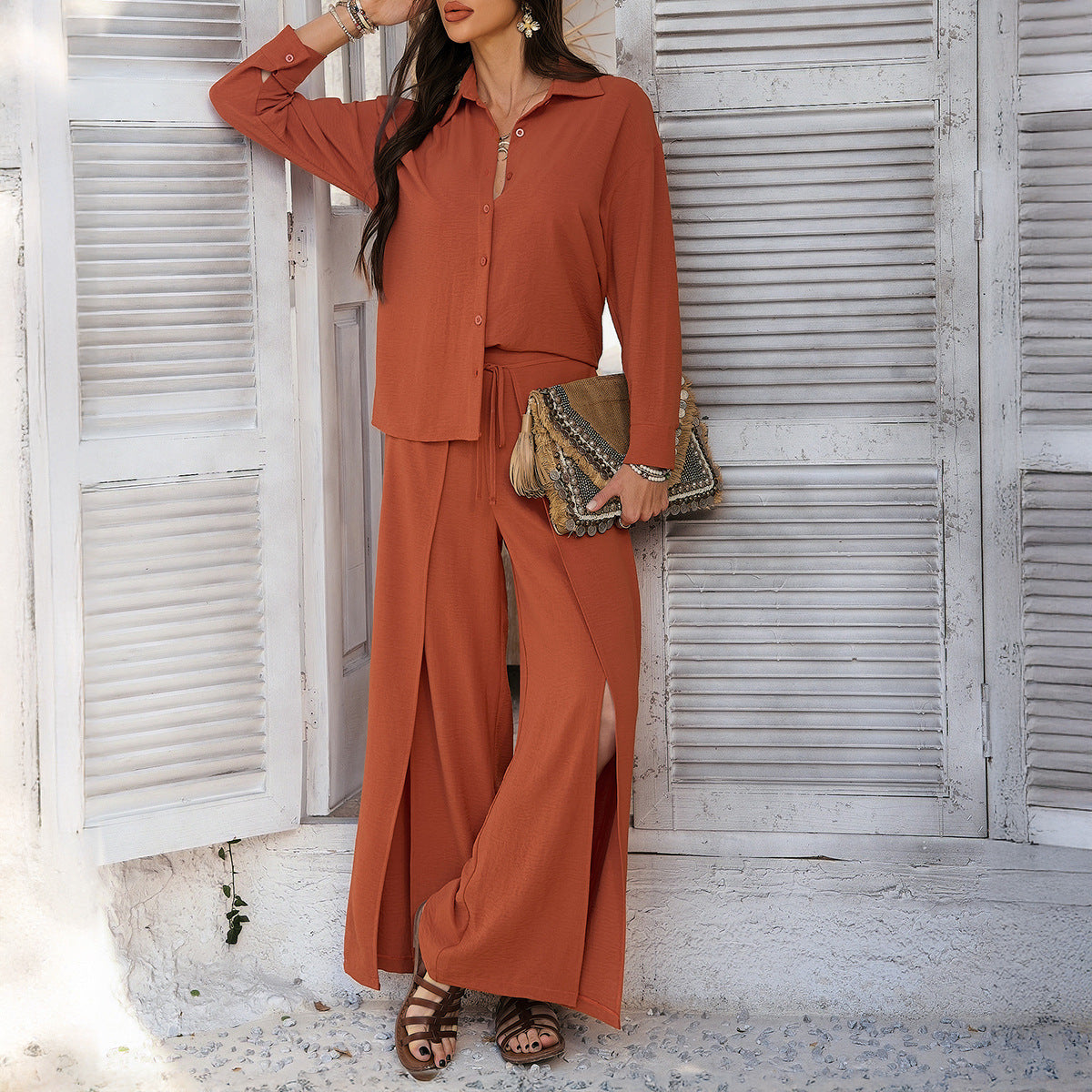 2025 spring and summer cross-border Amazon leisure vacation style solid color shirt wide-leg trousers women's clothing 2-piece set - Mixbatch
