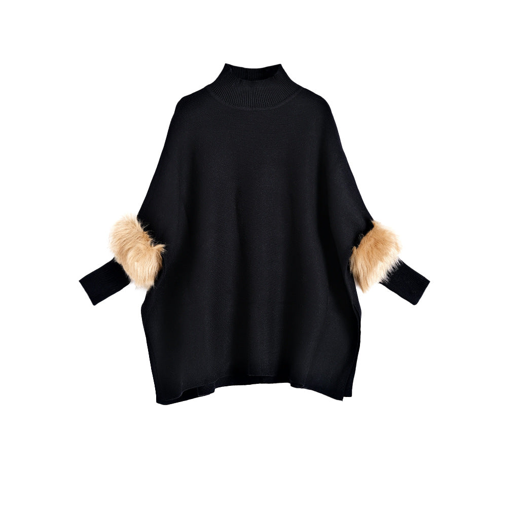 A turtleneck pullover cape knitted sweater simulation fur fur sleeve sweater large size bottoming shirt jacket women